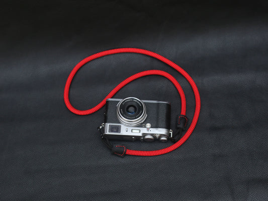 Windmup quick-release red climbing rope camera strap with full-grain leather ends