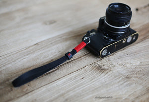 Black handmade leather camera wrist strap band Red | windmup.com - windmup