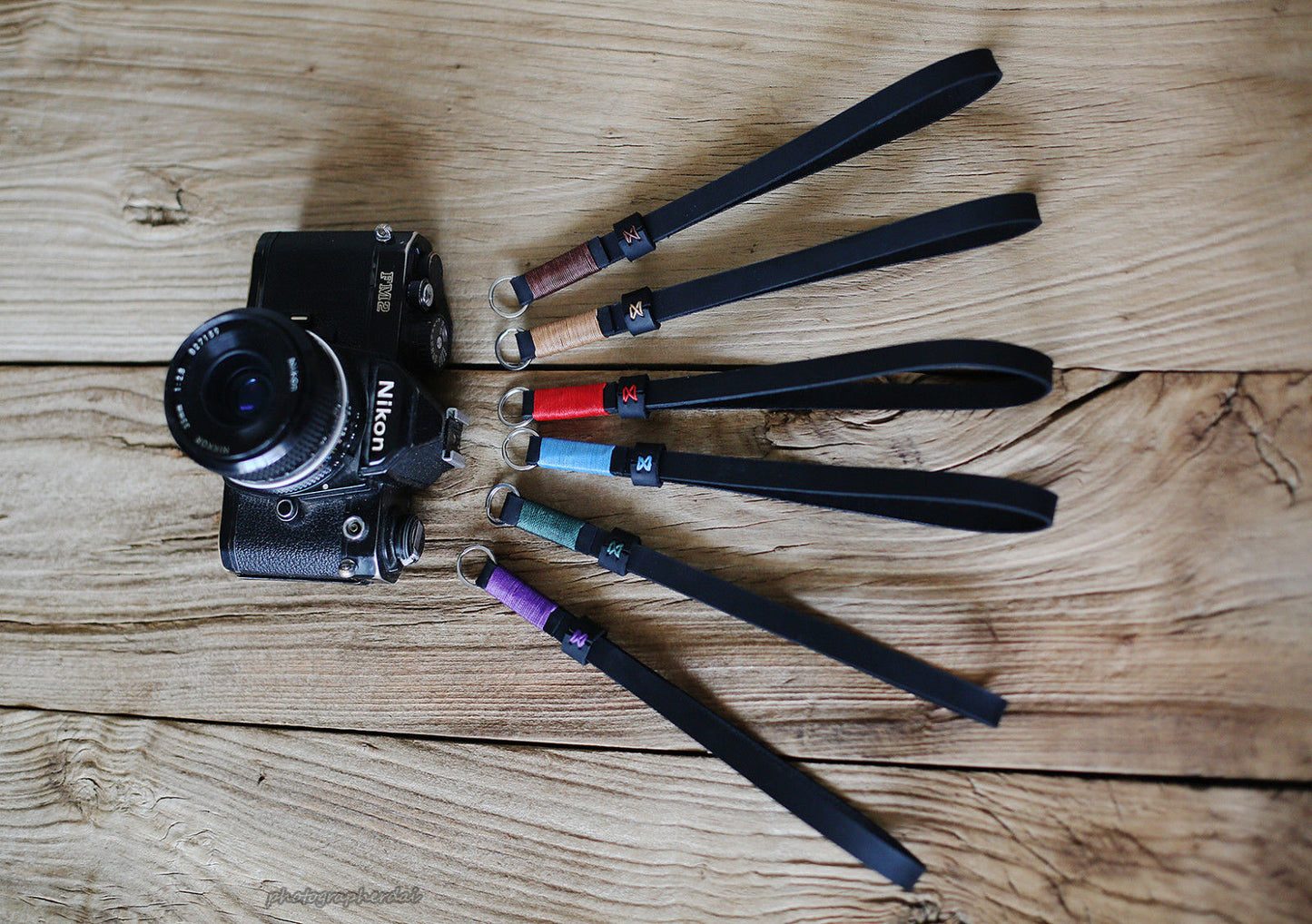 Black handmade leather camera wrist strap band Red | windmup.com - windmup