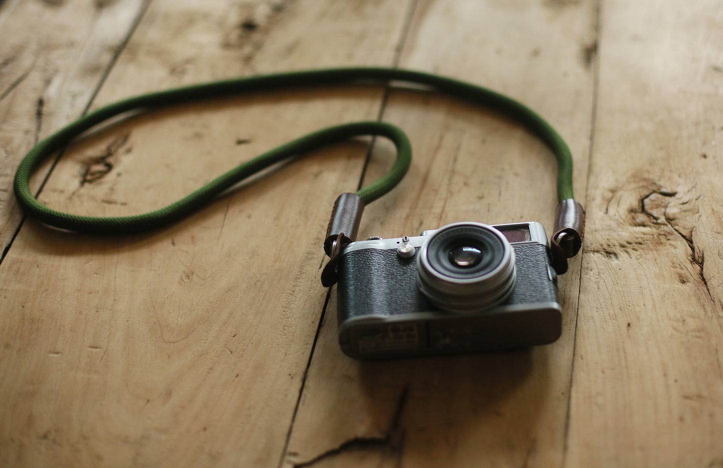 Lightweight durable rope camera strap with tan leather detail