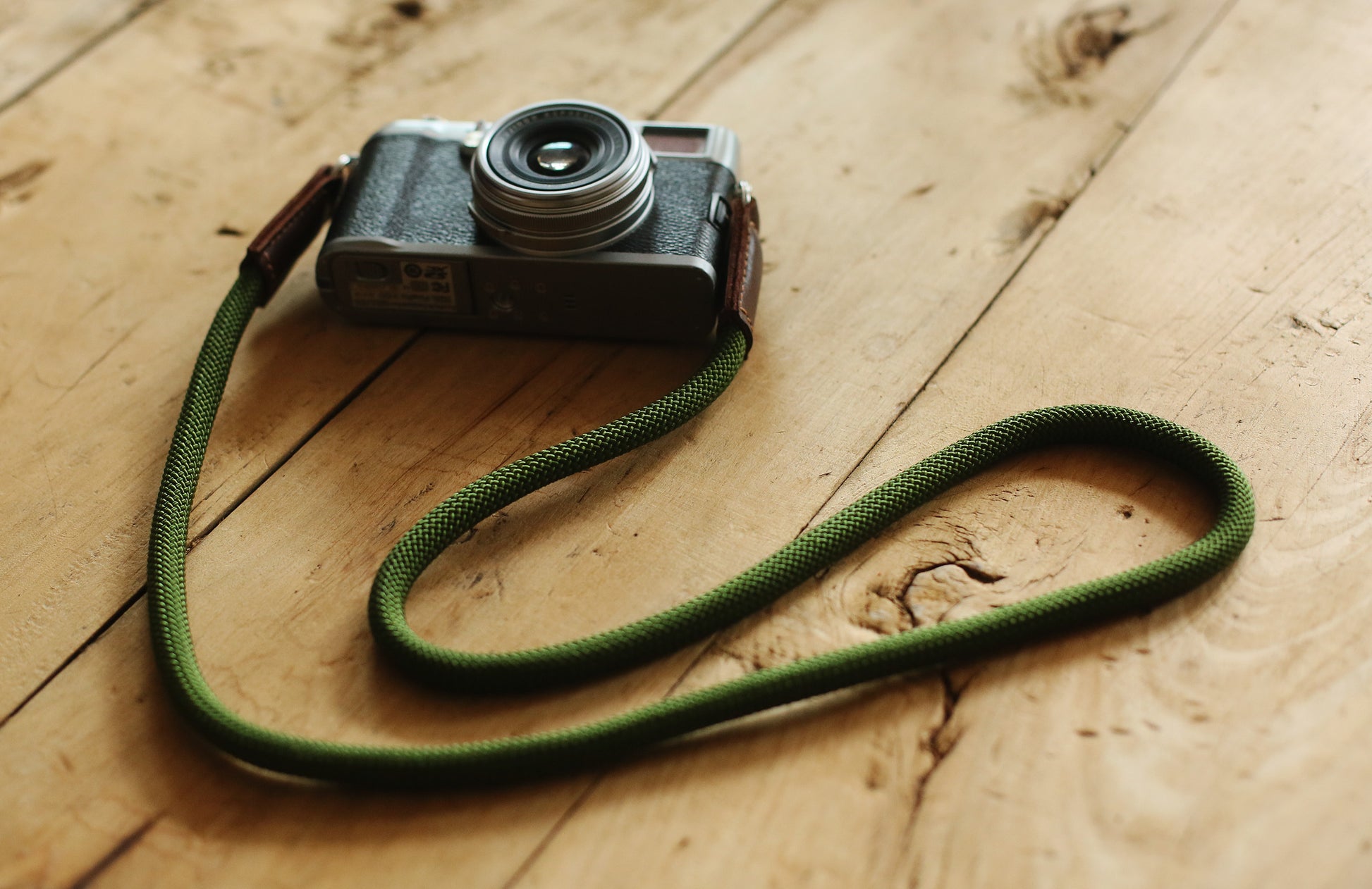 full-grain leather camera strap detail