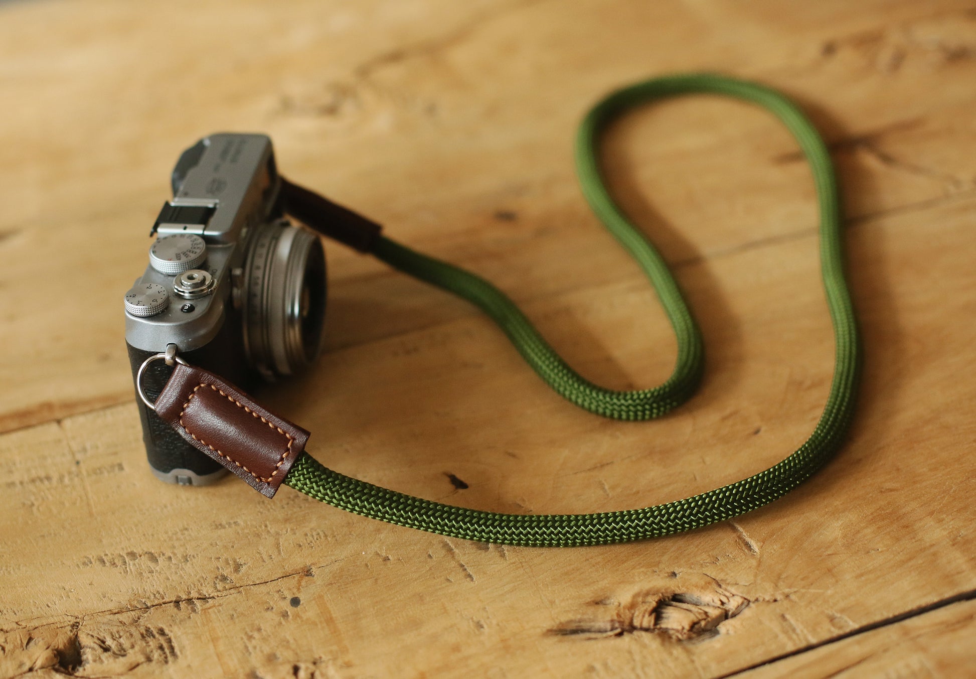tan leather stitched camera strap