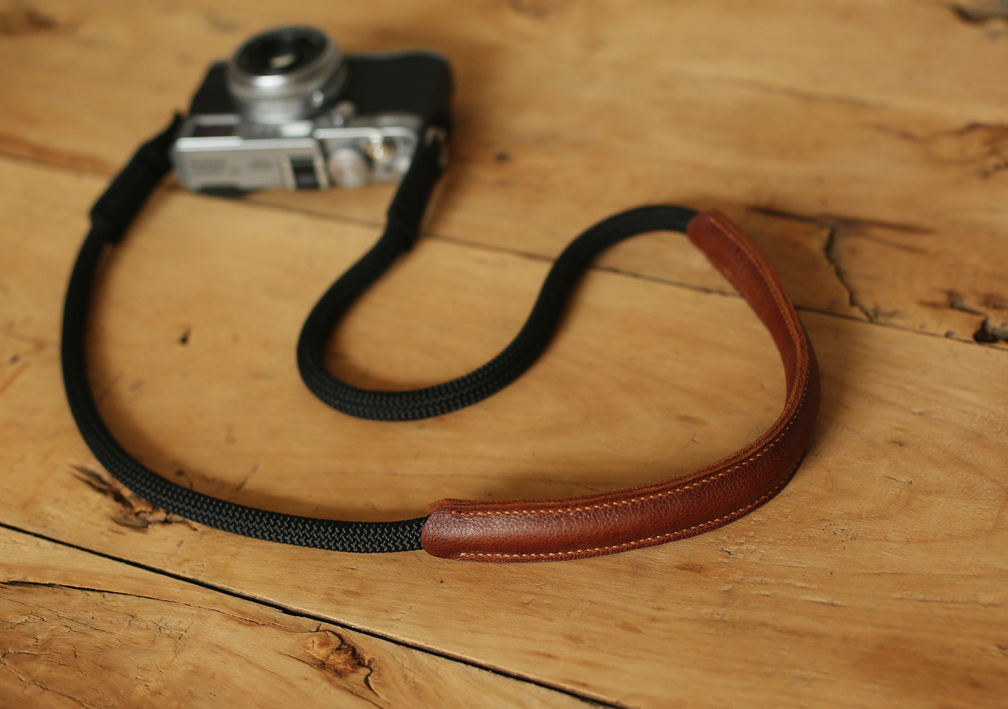 black rope strap with brown leather pad for Fuji Sony Nikon cameras